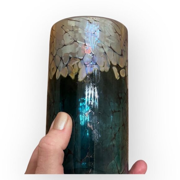 Handcrafted Hand Blown Glass Tumbler Short Vase w Reflective Iridescent Colors - Picture 2 of 16